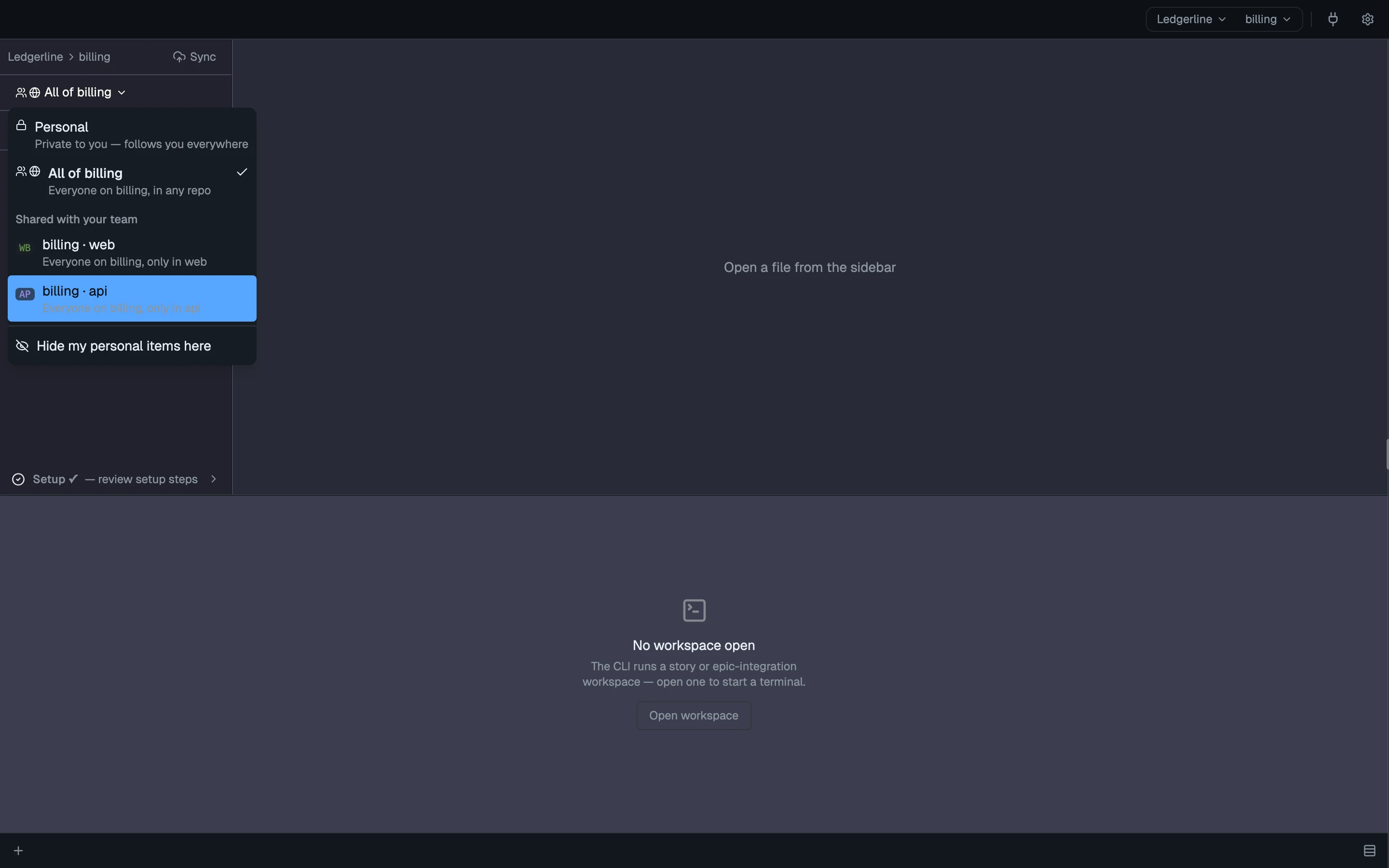 The CodeSense context-scope menu for a sample billing team: Personal, All of billing in any repo, billing · web only in web, and billing · api only in api.